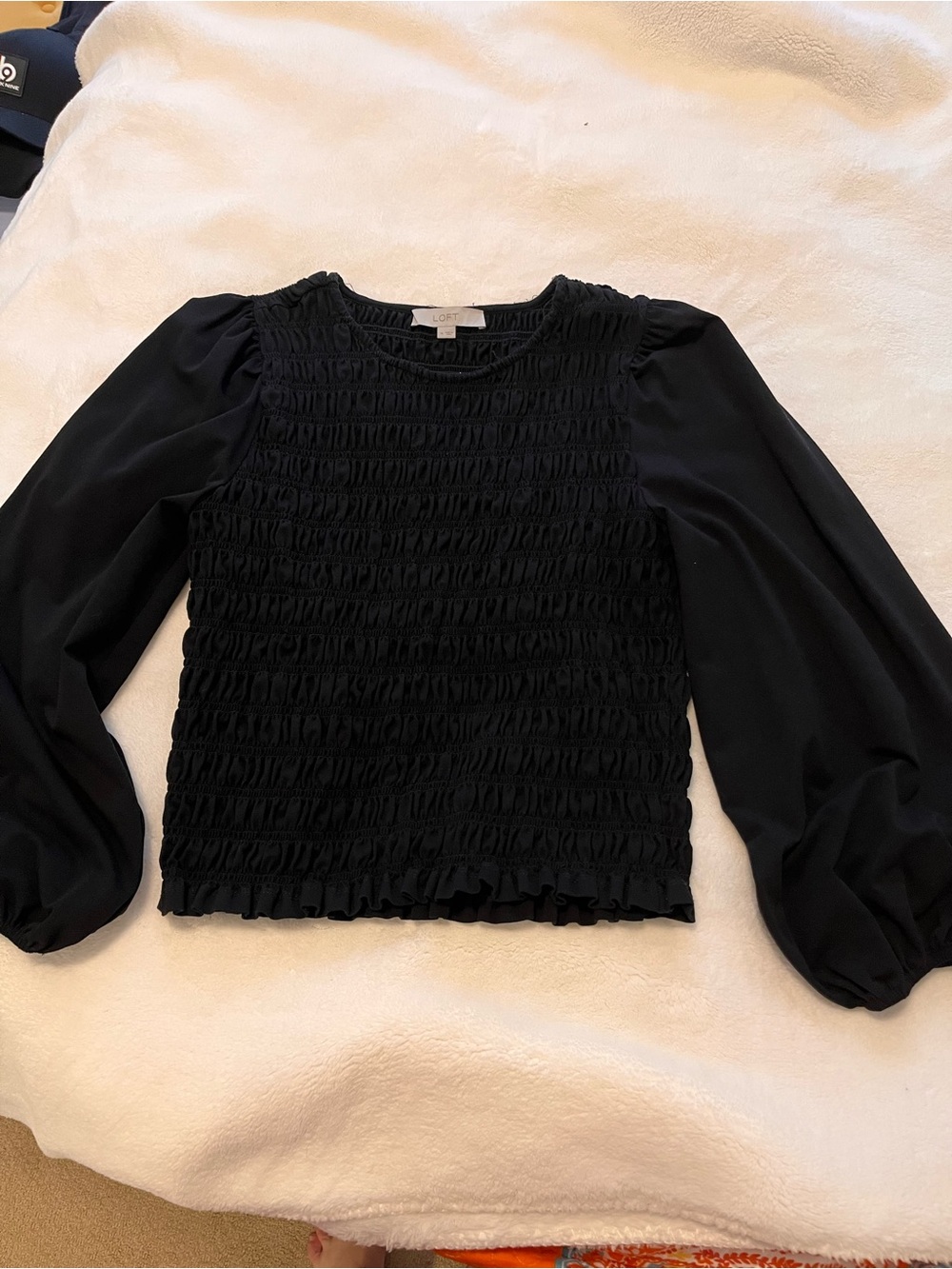 LOFT Black Smocked Puff-Sleeve Blouse
